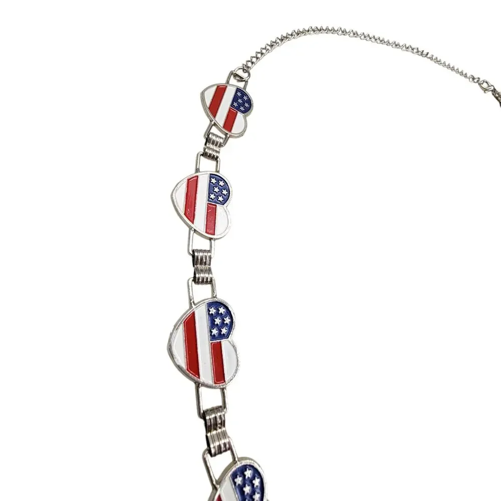 Vtg Americana USA Flag Heart Link Chain Belt Enamel Patriotic Silver Tone Womens